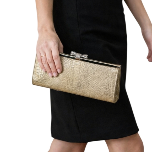 INC International Concepts "Carolyn" Gold Snake Print Rhinestone Bow Clutch NWOT - Picture 3 of 9